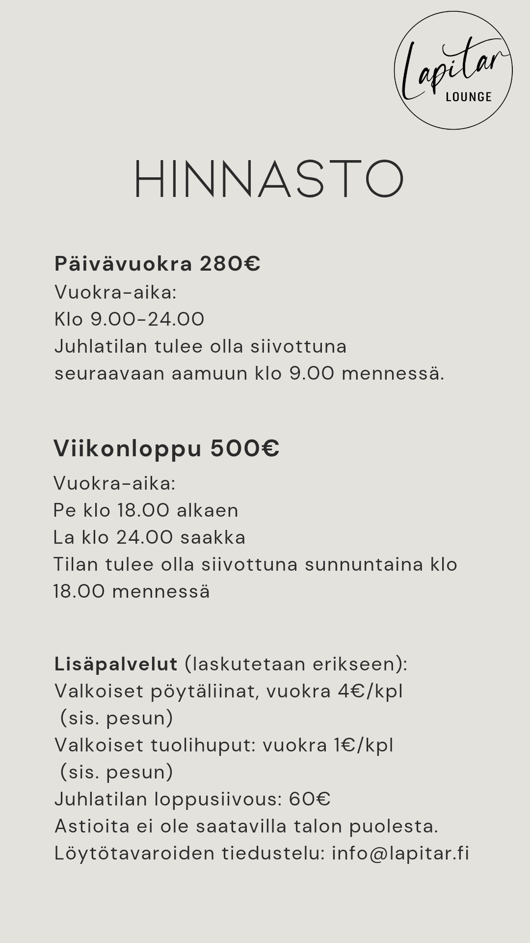 Lapitar Lounge - juhlatilan vuokraus